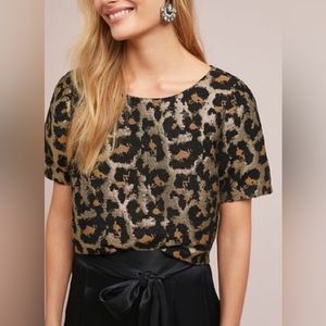 Hutch Anthropologie | XS‎ Leopard Gold Metallic Bow Cheetah Party Blouse